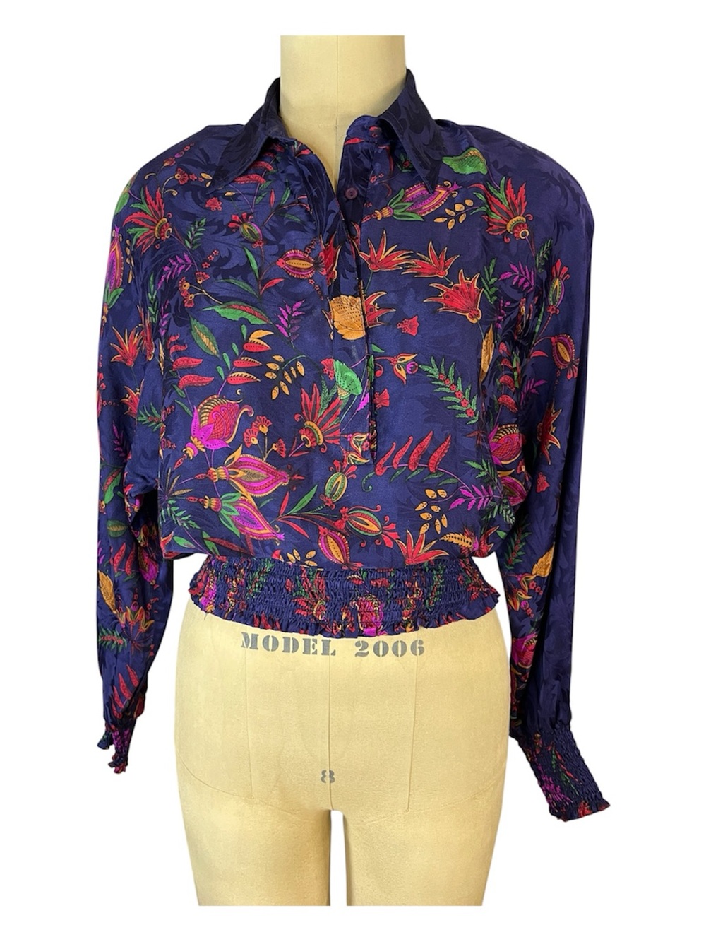 Neiman Marcus Vintage Silk Purple Floral Cropped Smocked Button-Front Blouse